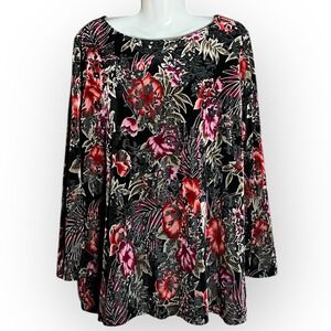 Susan Graver Top Women 1X Tunic Velvet Burnout Lined Long Sleeve Boho Gothic